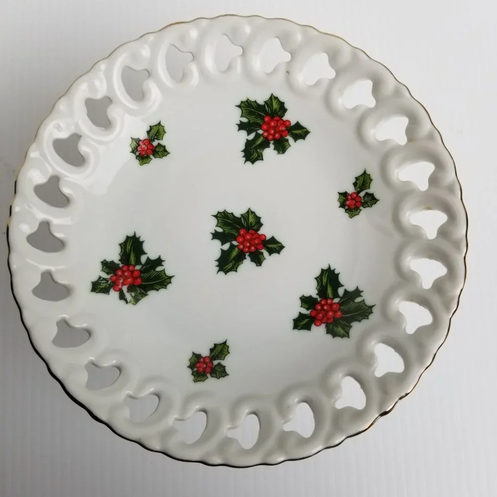 Vintage Lefton Holly Christmas Porcelain Compote Gold Trim Pedestal Japan 7956
